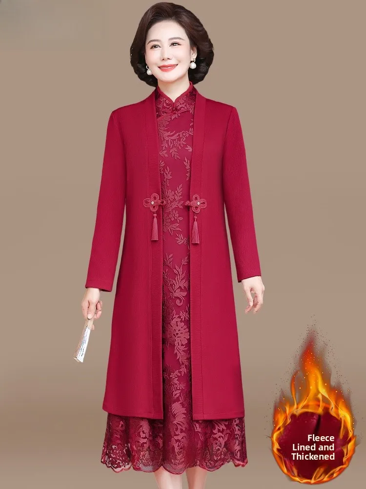 

Свадебный комплект для мамы: утепленный флисовый костюм с длинными рукавами для женщин среднего возраста, модный, в традиционном китайском стиле, осень-зима