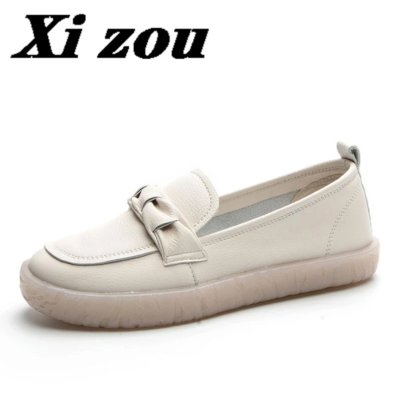 

2025 Women Slip On Loafers Shallow Genuine Leather Flat Shoes Ladies Comfort Soft Soled Round Toe Casual Loafers H1023