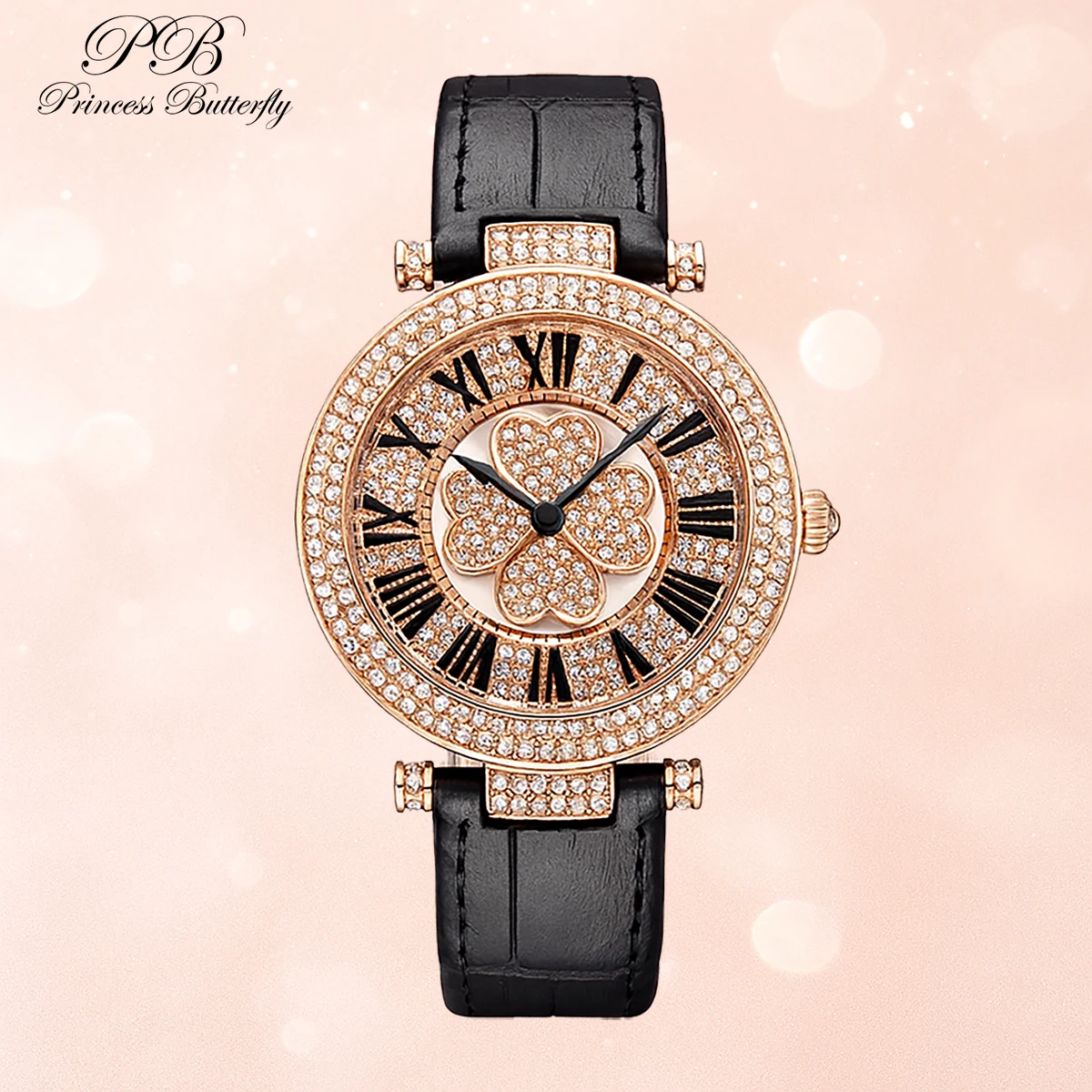 Princess Butterfly Luxury Brand Watches for Women Diamonds Fashion Quartz Rotation Four-leaf Clover Leather Wristwatches Women