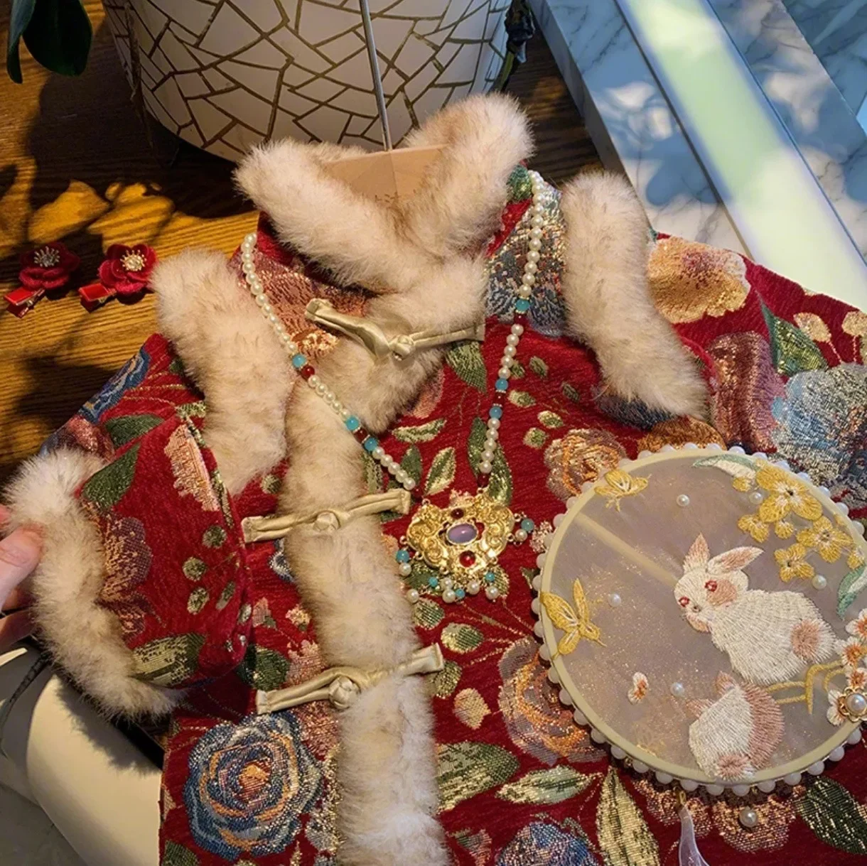 

Новогодняя одежда для девочек Hanfu, зимняя флисовая утолщенная одежда в китайском Новом году, детское платье Cheongsam, платье