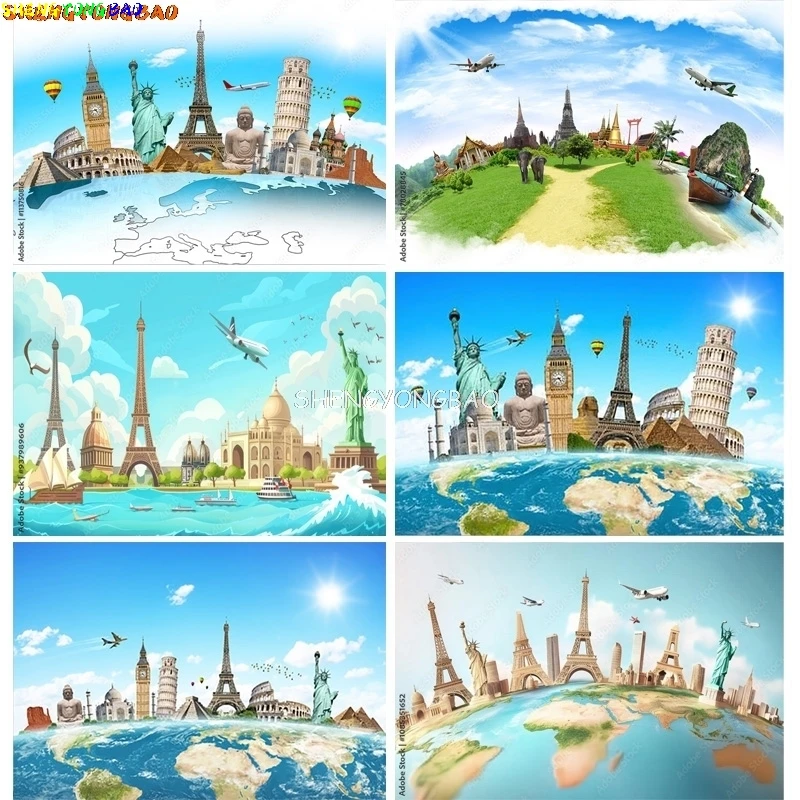 

Famous Landmarks Of The World Connected Photography Backdrops Travel Around The Global Baby Birthday Photo Background HQ-02