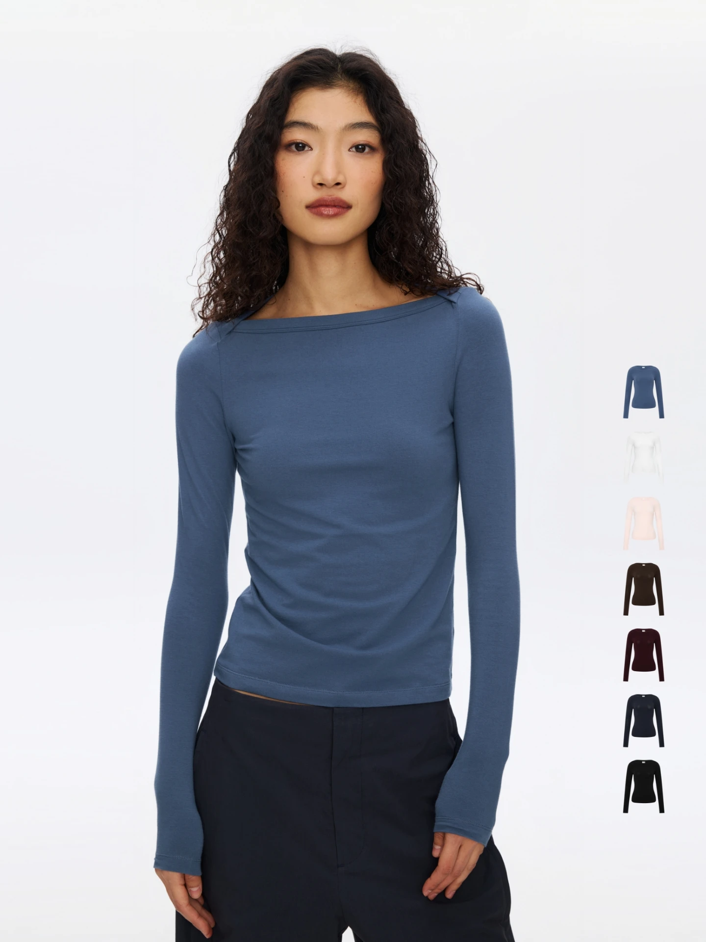 

Oneup Simple Elastic Slim Fit Long Sleeve Boat Neck T-Shirt Women's Spring Base Shirt Fitness Yoga Sportswear Breathable Cott...