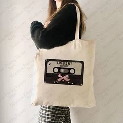 Lana Del Rey Tape Pattern Tote Bag Canvas Shoulder Bags for Her Travel Daily Commute Women's Reusable Shopping Bag