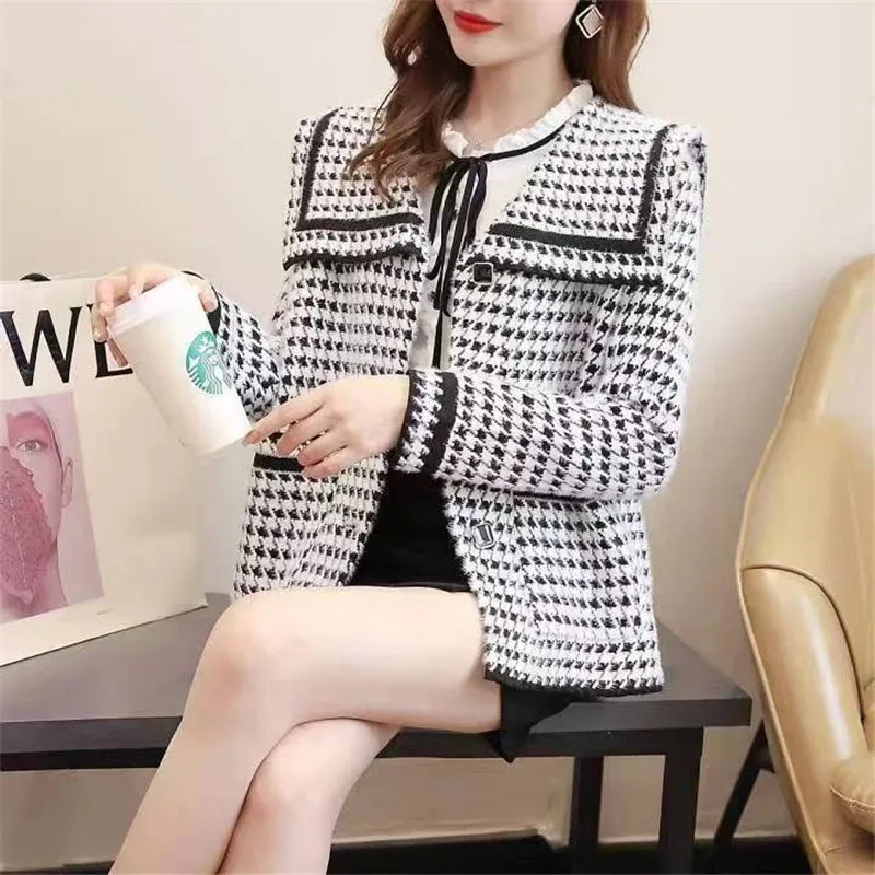 

2025 Autumn Winter New Women's Coat Navy Sweater Jacket Cardigan Plaid Pilling Loose Comfortable Coat Female Overcoat