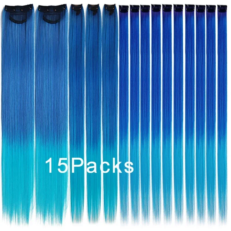 15PCS 22Inch Synthetic Long Straight Hair Clips Rainbow Hair Extension Colored Red Green Blue Hairpiece for Women