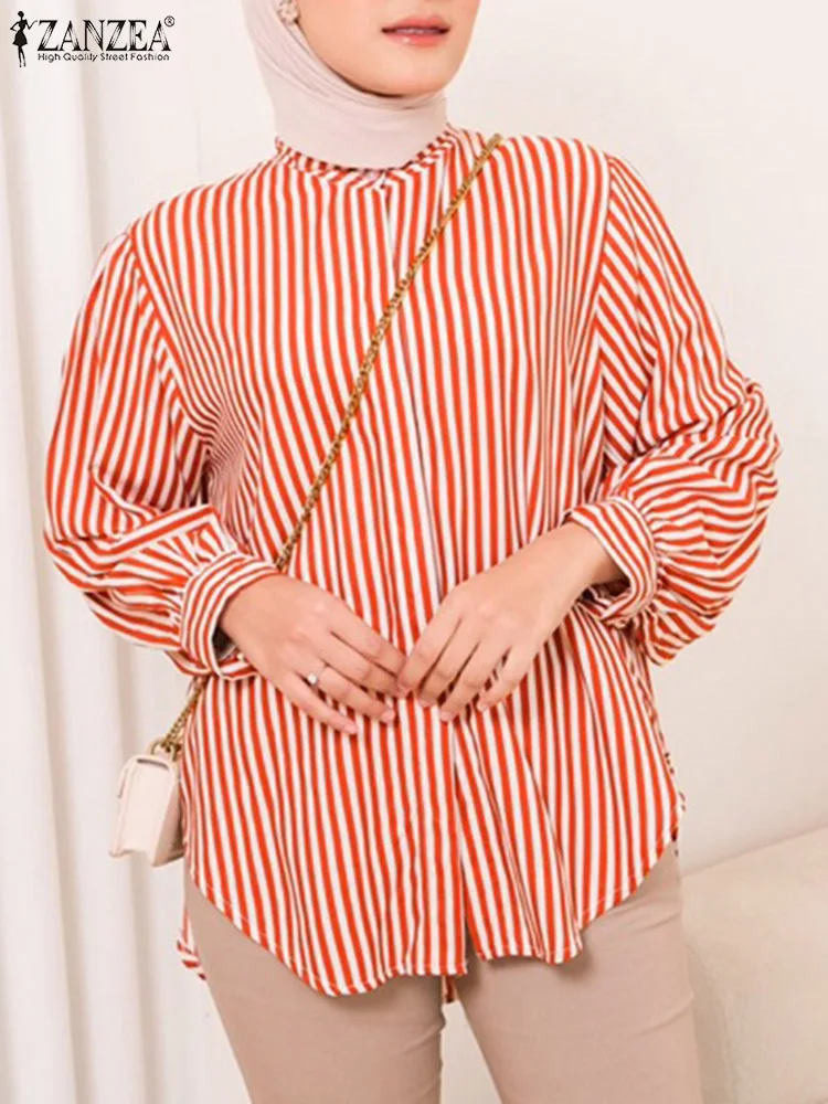 

Woman Bohemian Stripe Printed Muslim Tops Elegant Party Blusas Mujer Vintage Islamic Clothing Casual Eid Mubarek Blouse ZANZEA