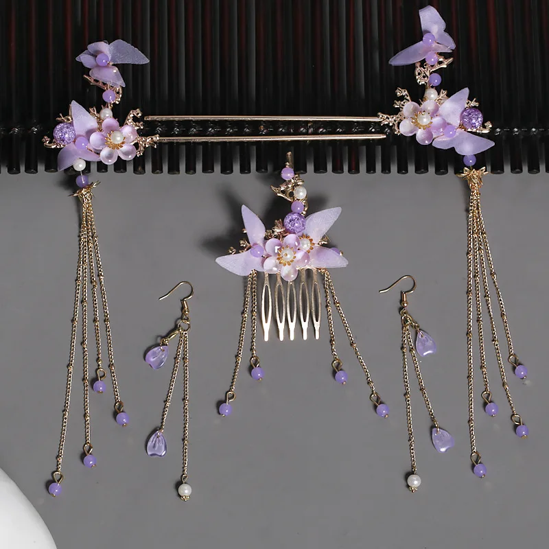 Purple Flower Hair Sticks Chinese Hanfu Hair Accessories Pearl Tassel Alloy Hairpins Antique Golden Alloy Headpiece Hair Jewelry
