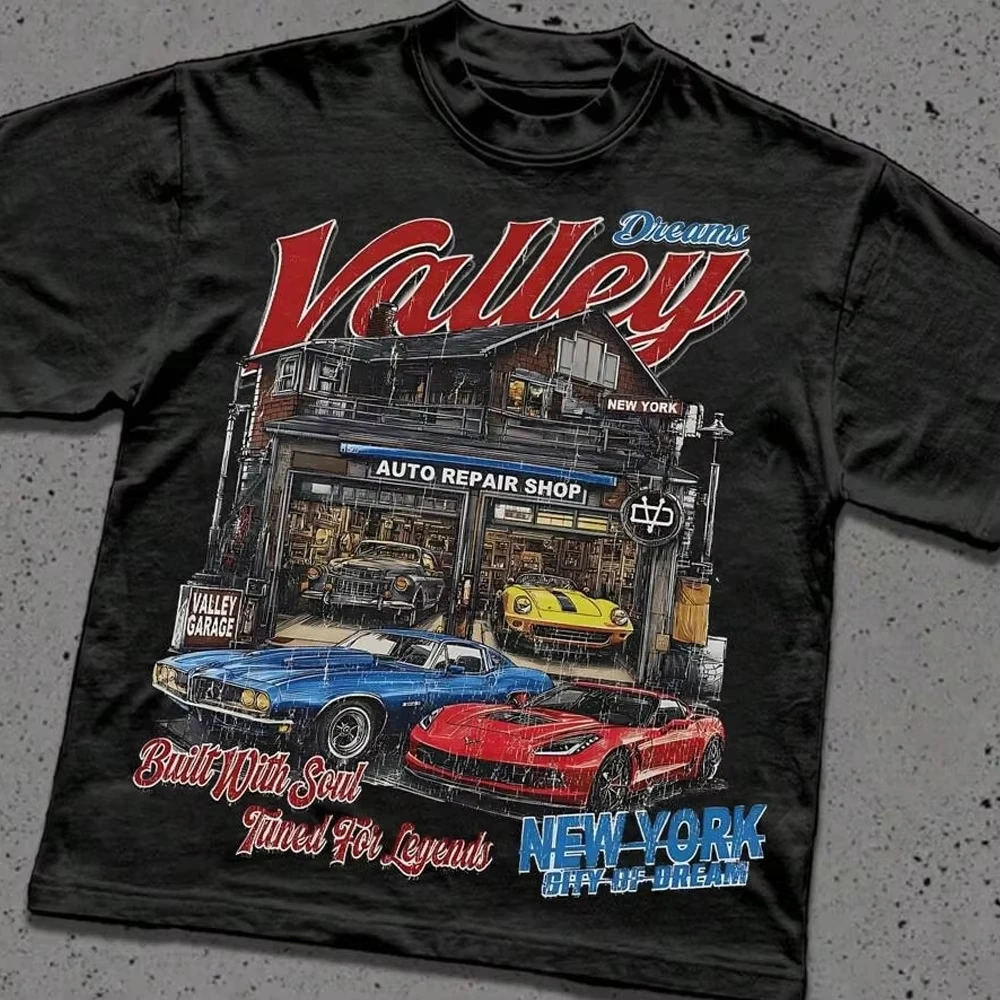 2026 Vintage Garage Modified Car Graphic T-shirt Oversized Crew Neck Short Sleeve Tee Retro Streetwear Loose Summer Cotton Top