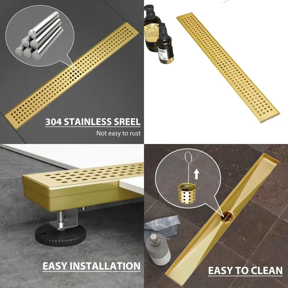 24 Brushed Stainless Steel Linear Shower Drain with Removable Grate and Hair Strainer