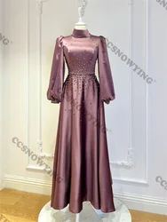 Satin Beaded Muslim Evening Dresses Full Sleeve High Neck Hijab Islamic Formal Party Gown Arabic Dubai Women Robes De Soirée