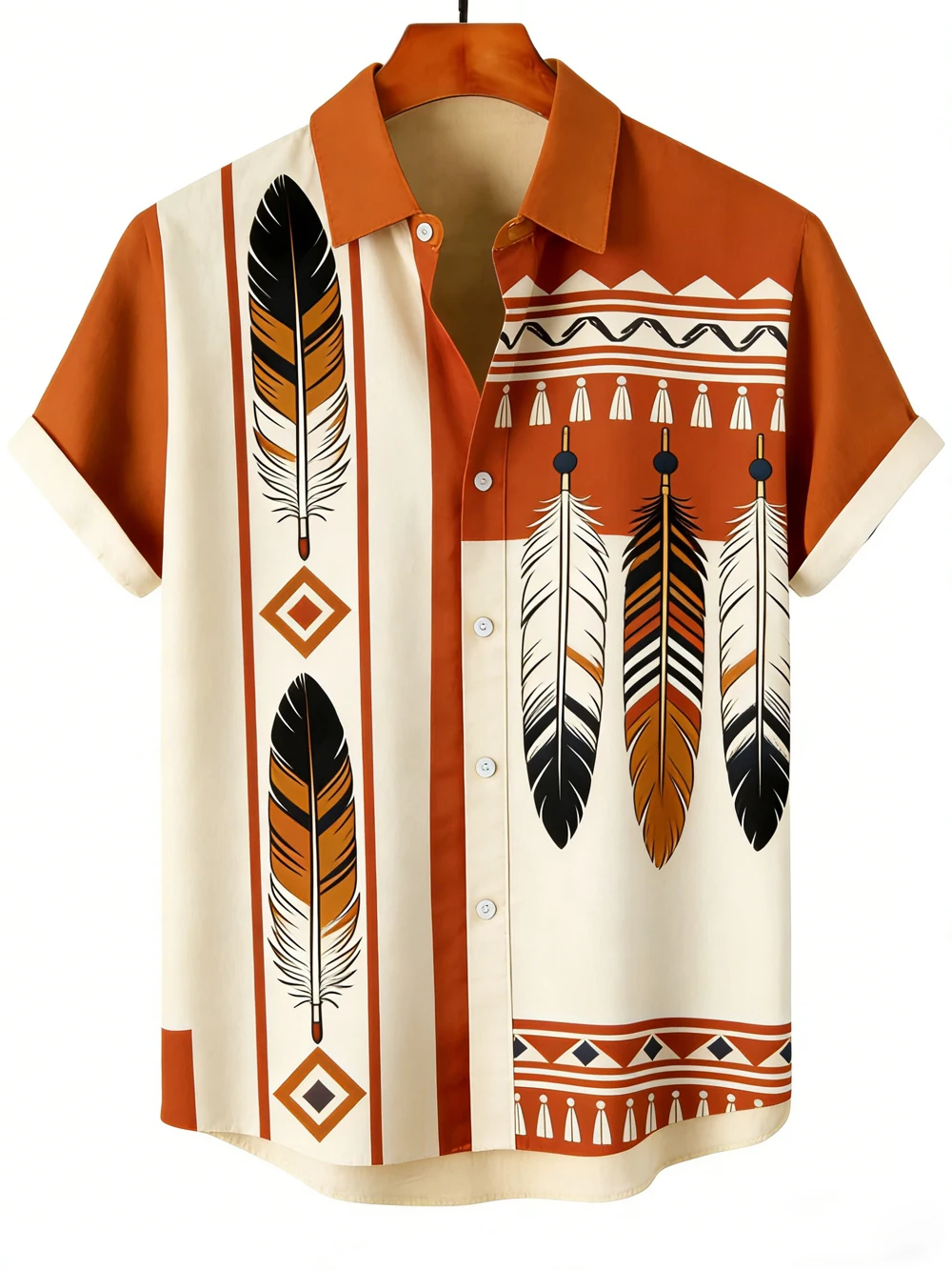 2026 Men's Shirt Ethnic Feather Geometric Print Short Sleeve Lapel Button Shirts Summer Beach Vacation Casual Tops Men Clothing