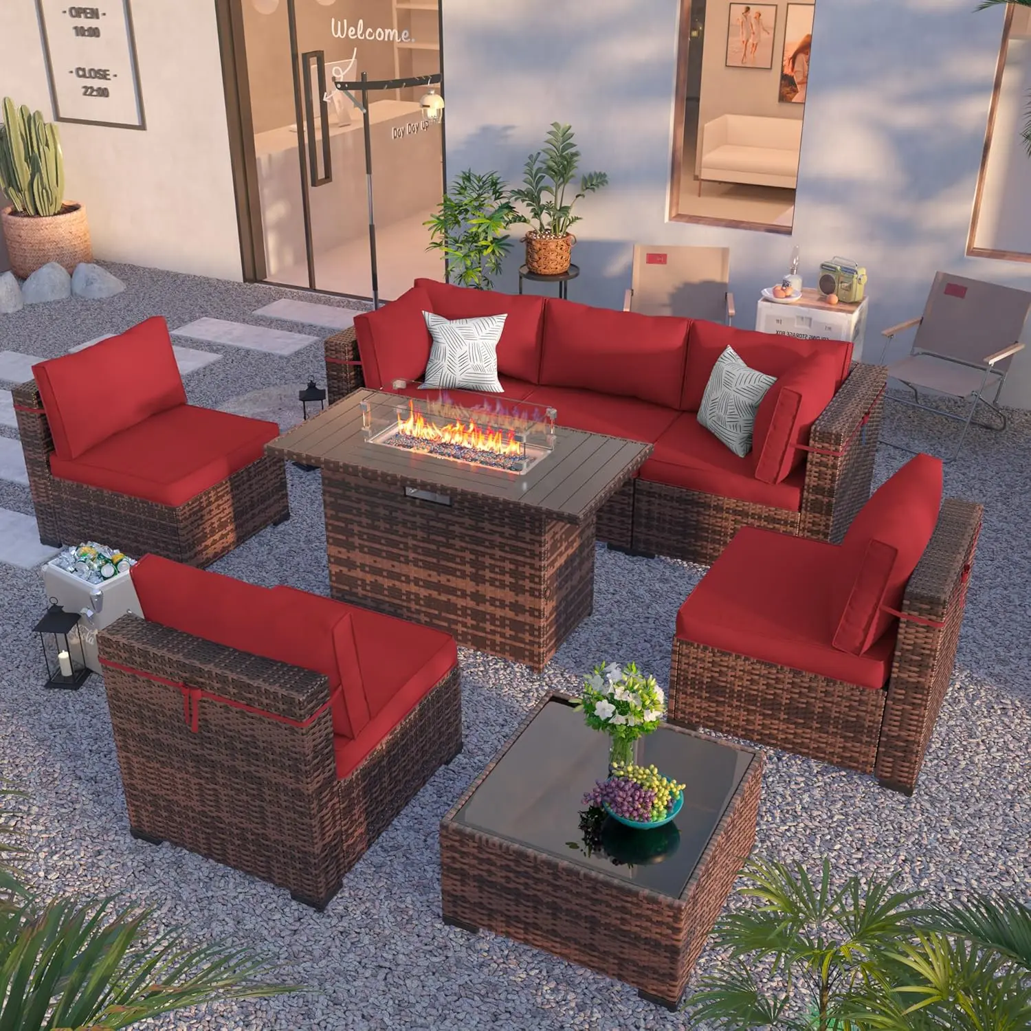 Patio Furniture Set with Fire Pit Table, PE Wicker Outdoor Sectional Sofa  Fits Porch Garden Lawn Balcony