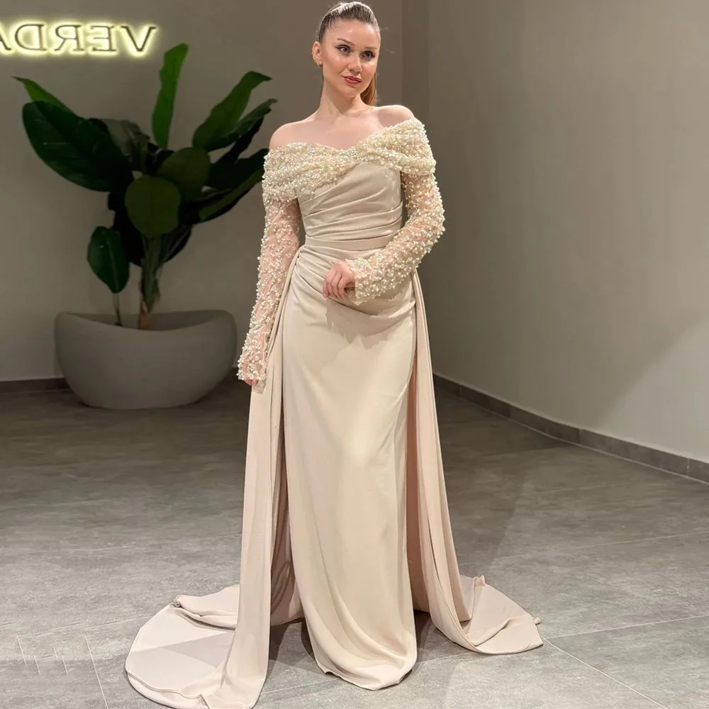 

Vanessa Champagne Straight Evening Dress Saudi Customized Off the Shoulder Long Sleeves Beading Pleats Pageant Party Prom Gowns