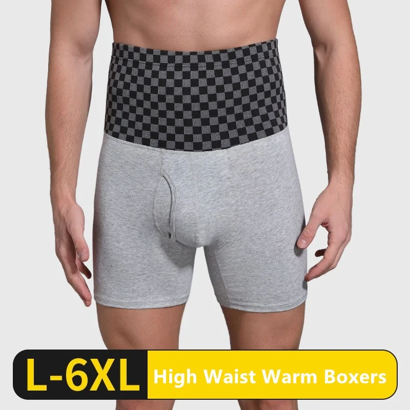 Winter Boxers Men Extra Long Pure Cotton High Waist Dralon Warm Waist Protect Underwear 5XL 6XL 100KG Corset Male Underpants