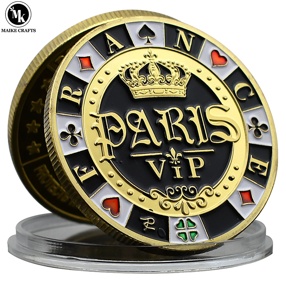 

Paris, France VIP Texas Hold 'em Lucky Gold Coin Poker Card-guard Metal Card Press Casino Chip Coin Collection Gift