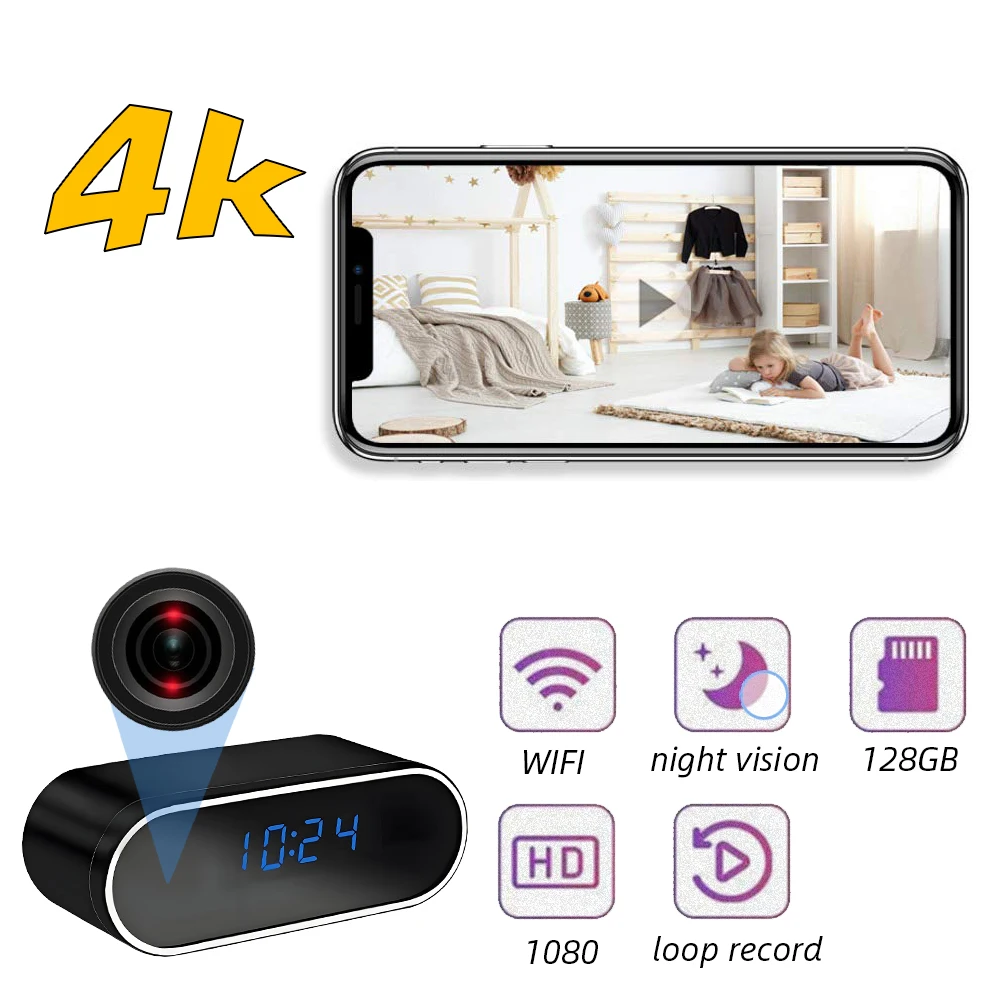 Mini Clock Camera Night Vision 1080 HD Wireless IP Camera supporting IR night vision, mobile detection, WIFI remote viewing