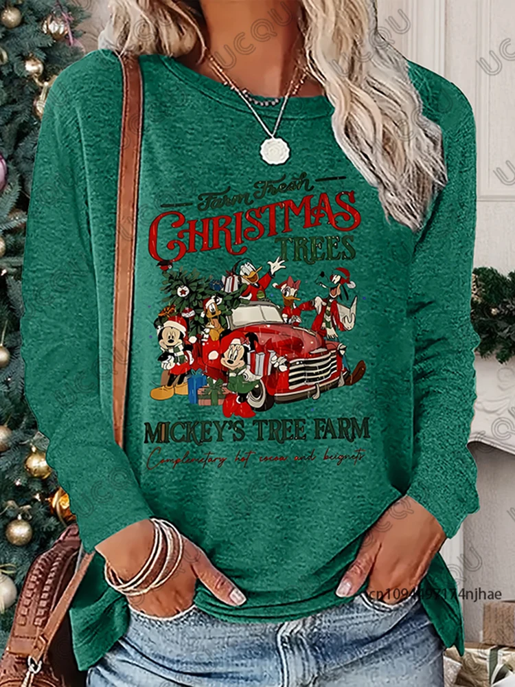 عيد الميلاد ميكي ميني ودونالد داك السيارات الحمراء طباعة الخريف طويلة الأكمام تي شيرت للنساء عادية تيز المتضخم زوجين القمم