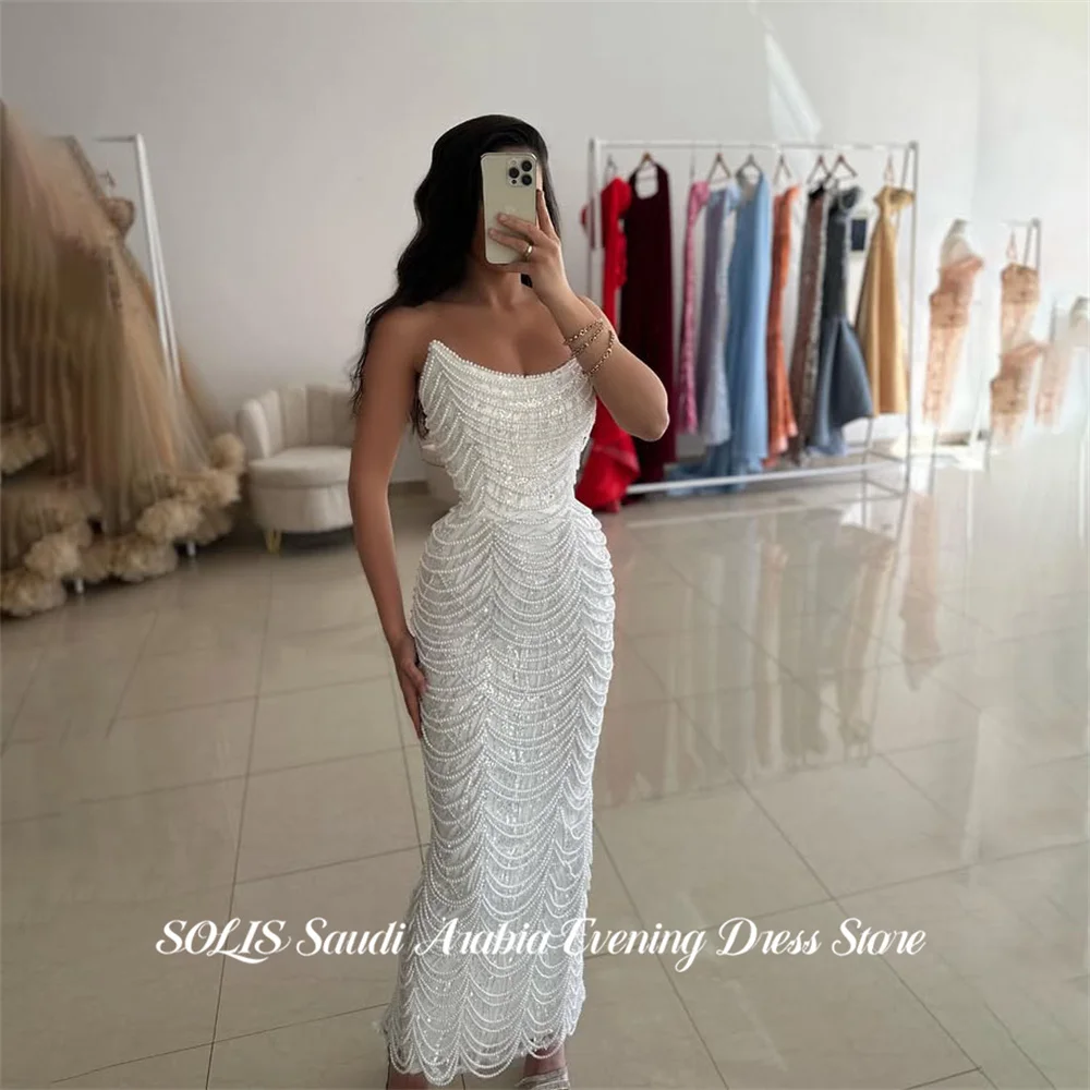 

SOLIS White Party Dress with Pearls Evening Dress Scoop Neck Glitter Sequin فساتين السهرة Mermaid Simple Customized