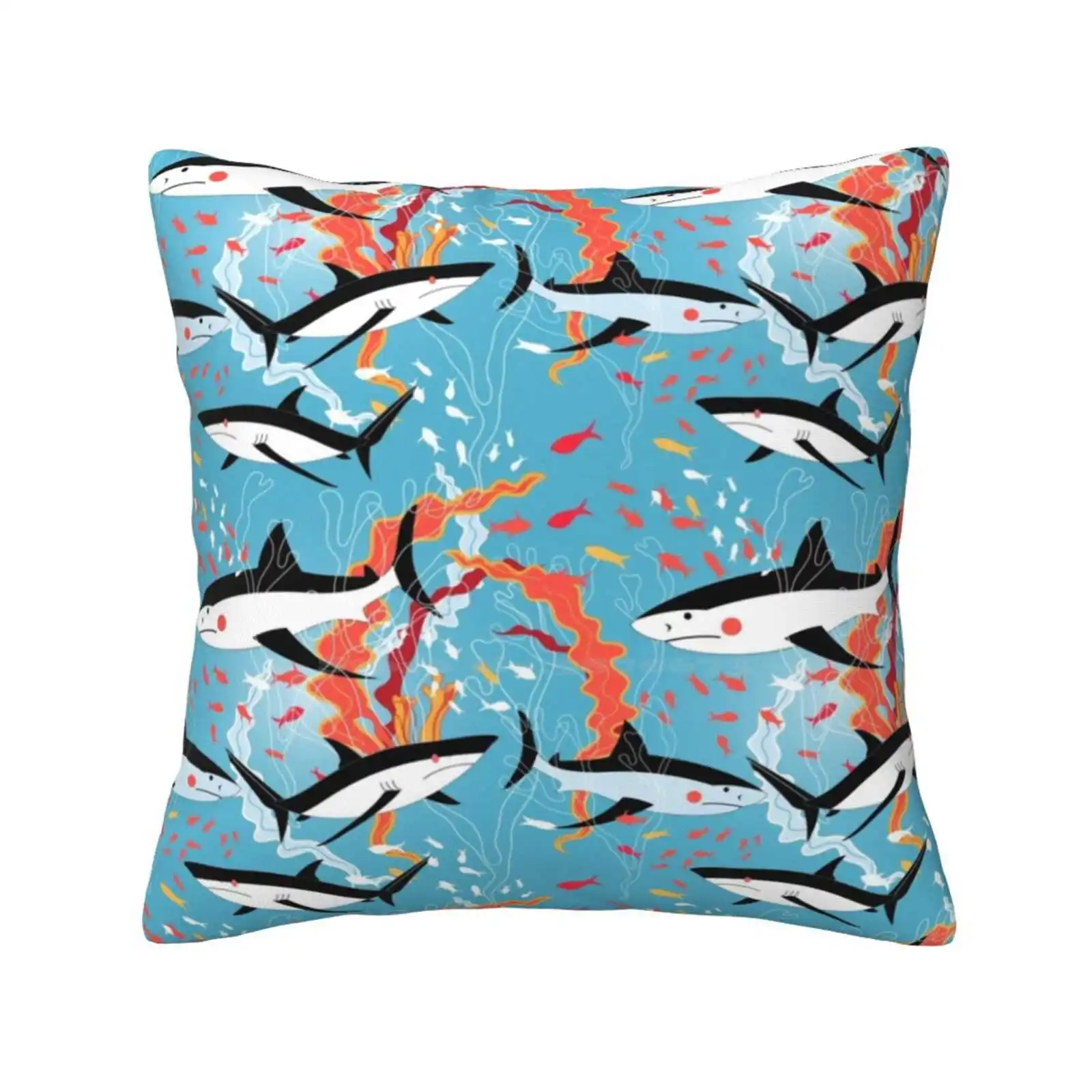 Graphic Pattern Of Swimming Sharks Pillows Case Bedroom Home Decoration Ocean Marine Life Shark Fins Wild Algae Schools Of Fish