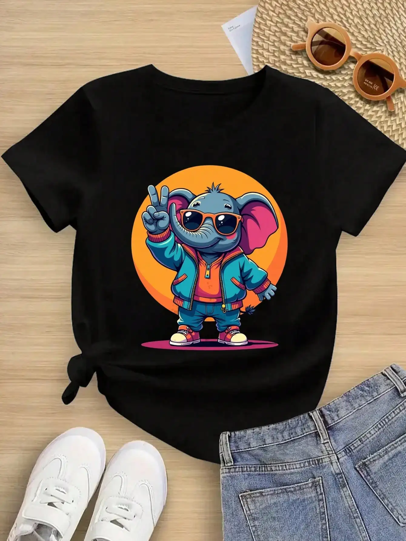 

Boys/Girls Summer Cool Elephant Cotton Graphic Tees, Black Casual Summer Tops With Hipster Elephant Design