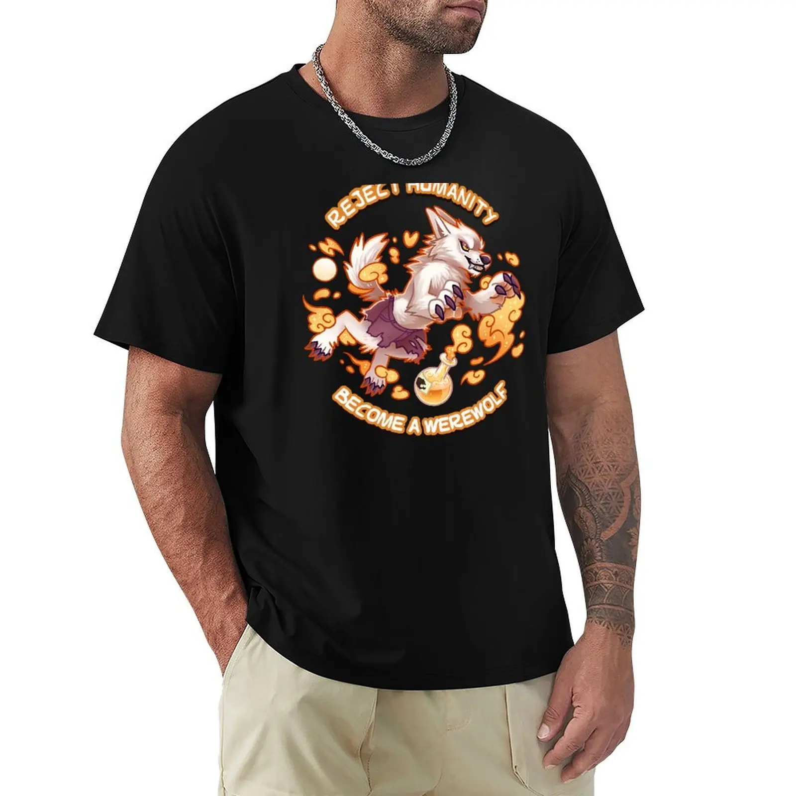 Rechaza la humanidad, ¡Conviértete en un lobo hombre blanco! Camiseta deportiva de algodón de manga corta Yellow Potion