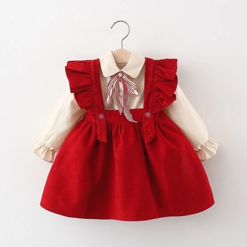 2 Pcs New Autumn Spring Baby Girl Bow Dresses Girls Long Sleeve Pure Cotton Newborn Birthday Dress Beige T-shirt and Red Dress