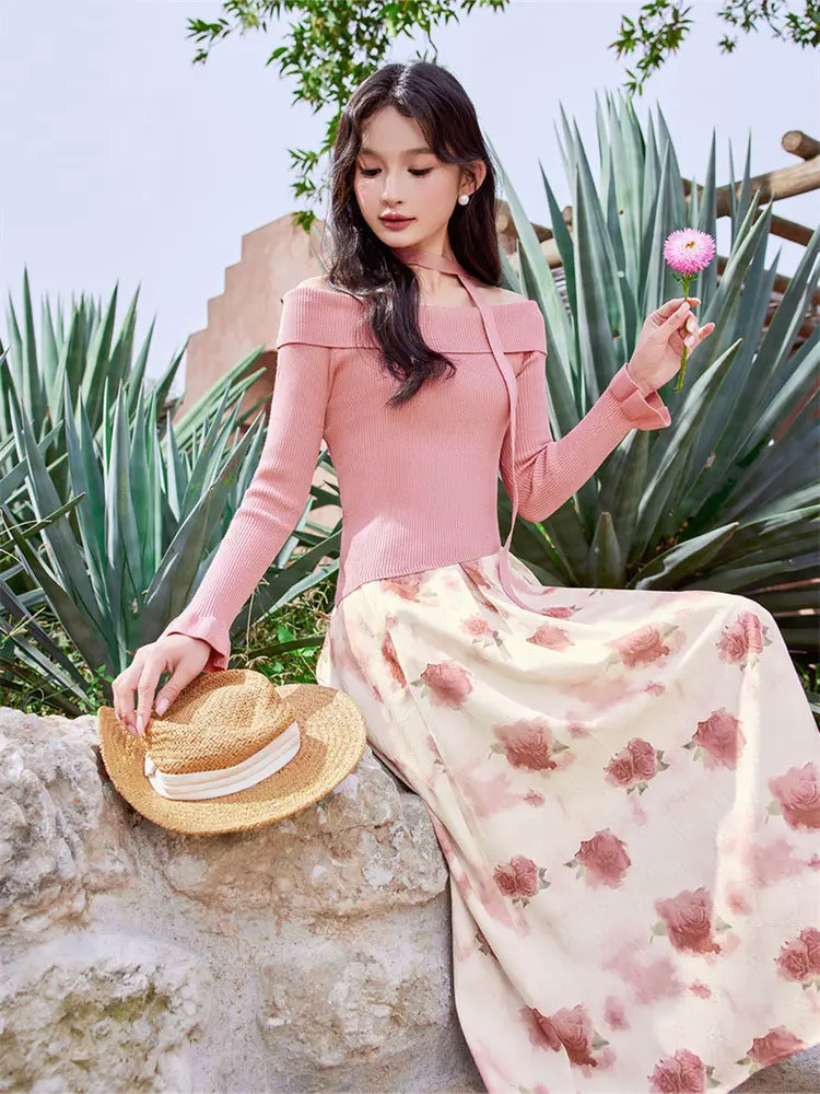 

Romantic Aosphere Knitted Sweater Set Women's One-oulder Tea Break Floral f-Skirt Long Sve round Ne Commute Sle