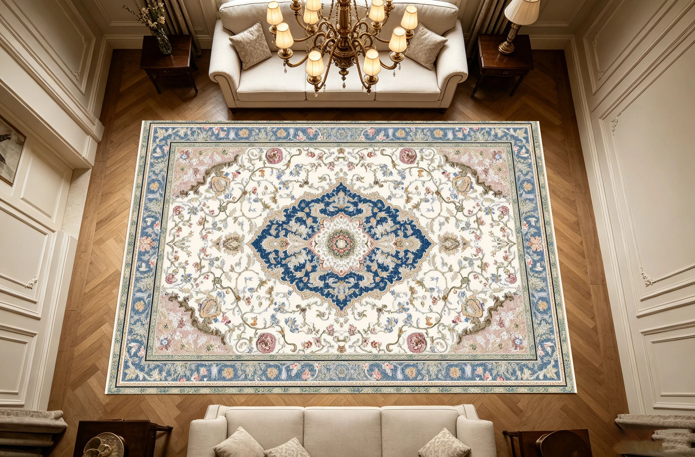 Blue‑White Elegant Vintage Persian Area Rug, Luxurious Diamond Medallion with Ornate Floral Border, Cozy Autumn Winter Mat for Luxury Living Room Home Decor