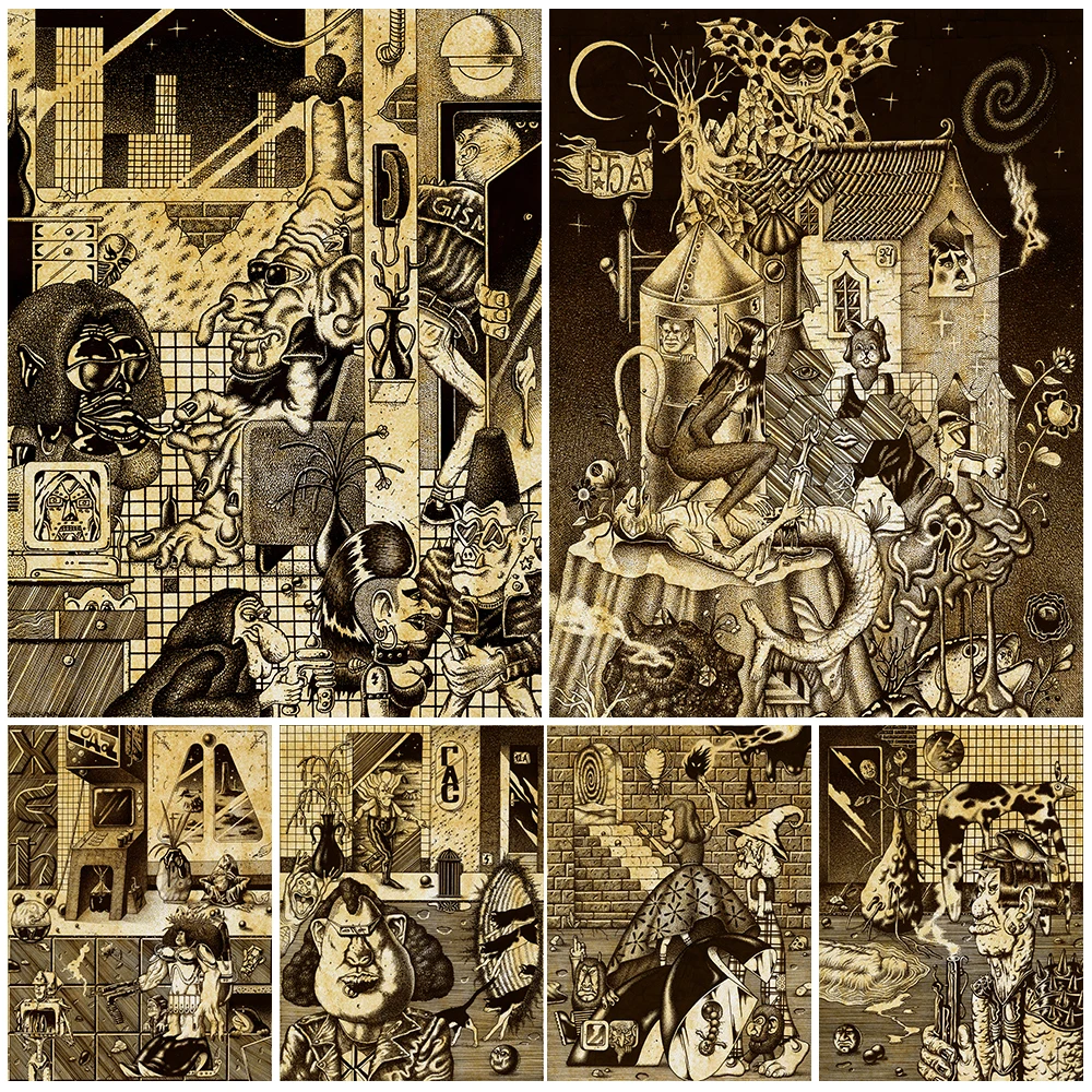 Star Witches And Demons Vintage Wall Art Canvas Painting Terrible Extraterrestrial Demons In Space Art Poster And Print Decor