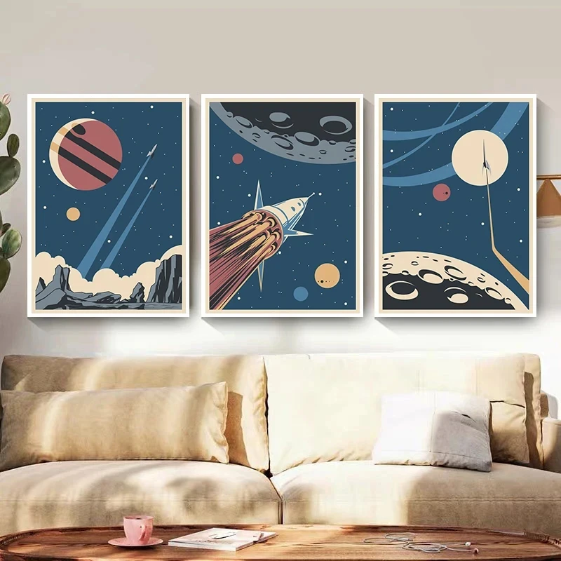 Cosmic Planet Rocket Cartoon Retro Poster Canvas Painting Print Nordic Wall Art Picture Teaching in Childrens Schools Decor