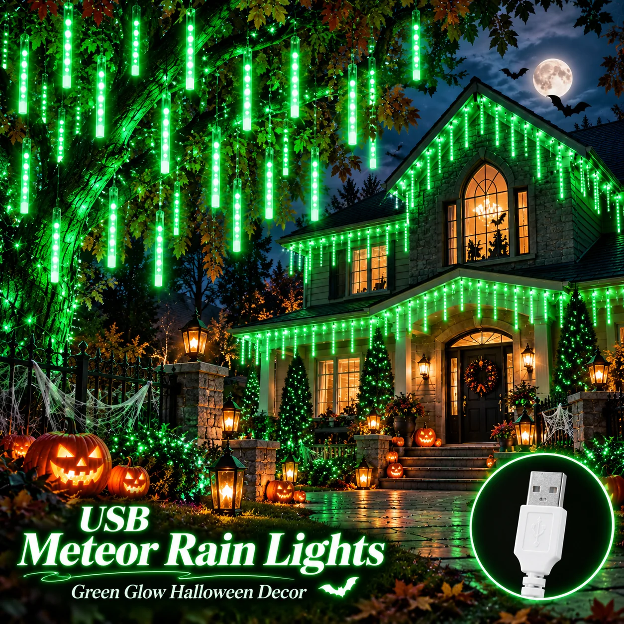 Halloween Lights USB Green Meteor Shower LED Falling Rain Icicle Fairy String Lights for Haunted House Porch Yard Party Decor