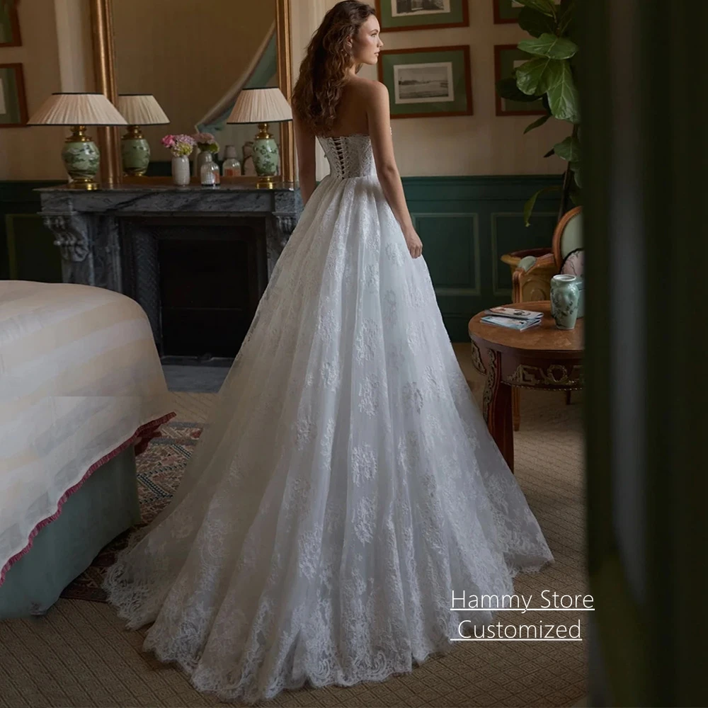 Customized Romantic Princess Wedding Dress Sweetheart Sleeveless Pearls Crystal Sweep Train A Line Lace Corset Bridal Gown
