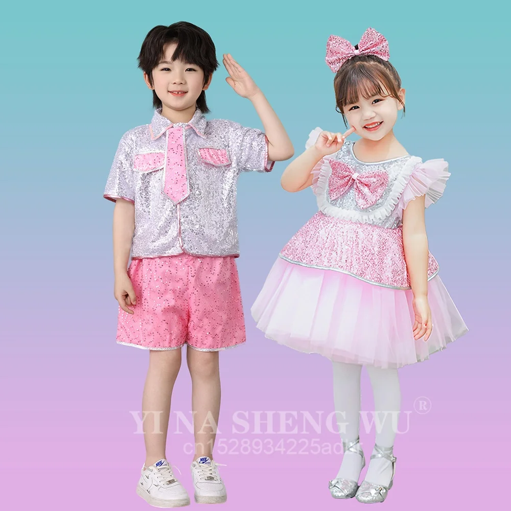 

Детский костюм для выступлений, пышная юбка, газовая юбка, костюм для джазового танца, танцевальный костюм с галстуком-бабочкой и пайетками