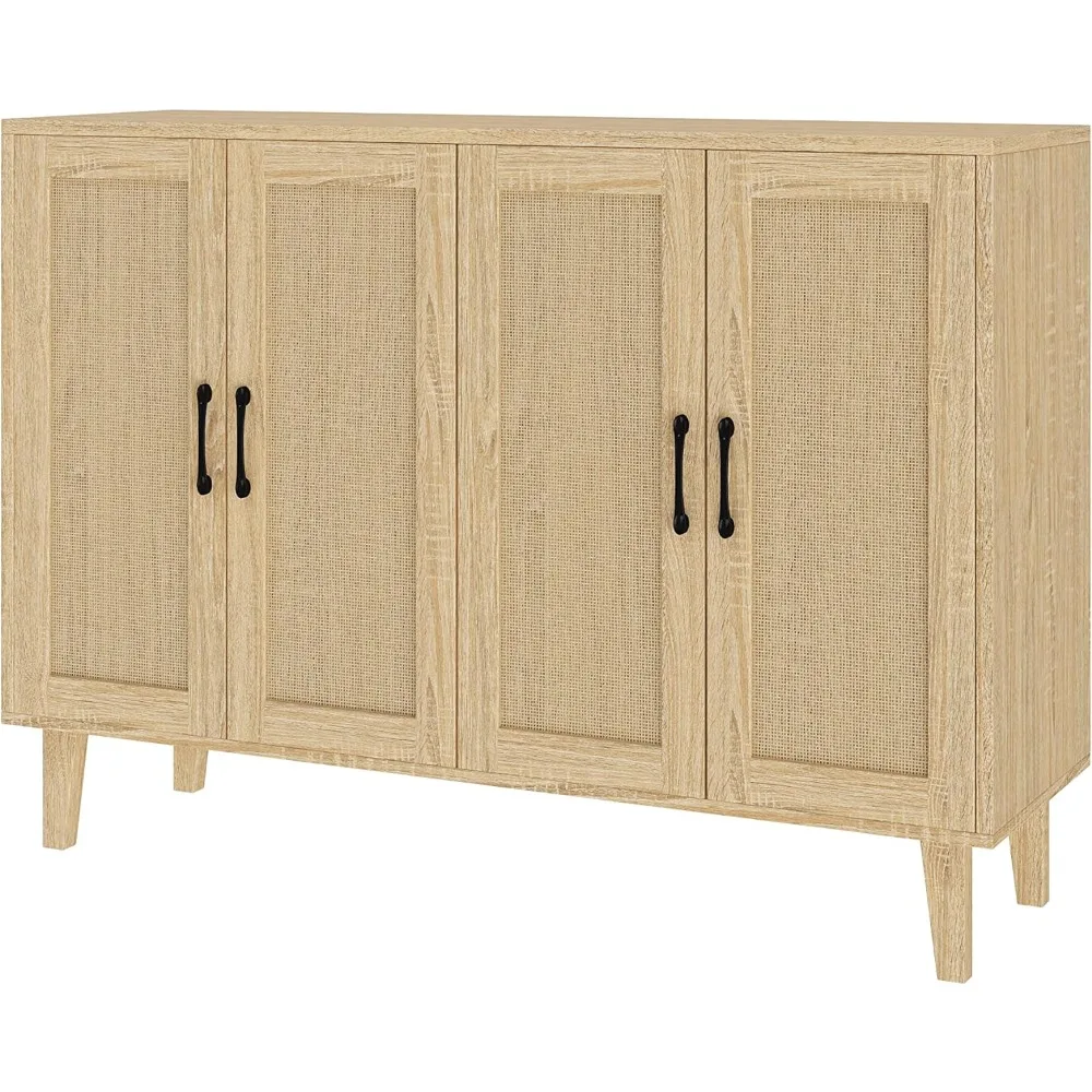 

Buffet Storage Cabinet with Rattan Decorating 4 Doors Living Room Kitchen Sideboard 48.43 x 34.65 x 15 inch (Natural Wood)