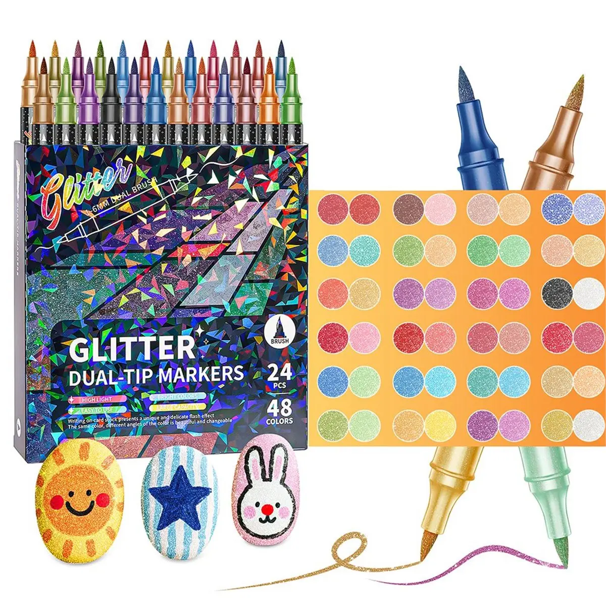 REST Glitter Effect Brush Markers for Doodle Writing, Dual Tip Dual Color Shimmer Marker 48 Colors