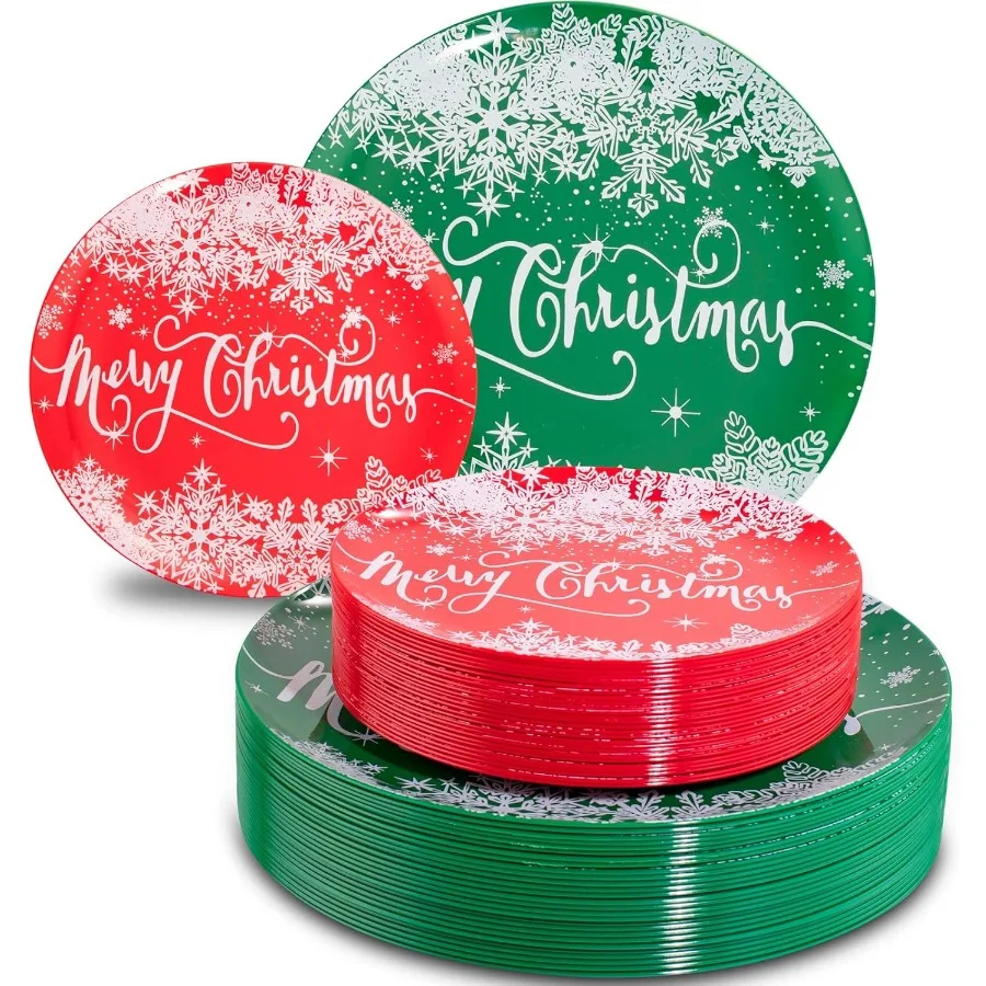 

60 шт. рождественские пластиковые тарелки красные одноразовые тарелки со снежинкой зеленые пластиковые тарелки тарелки для рождественской вечеринки включают 30 красных