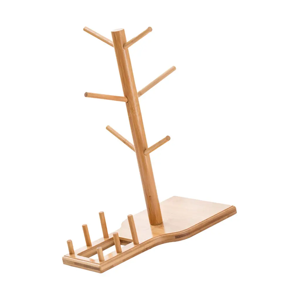 6-Cup Bamboo Hanging Mug Rack Premium Wood Cup Organizer Stand for Kitchen Counter Coffee Table Dining Centerpiece Home