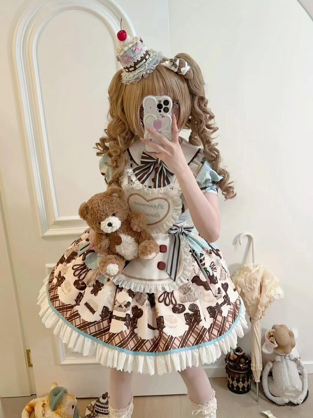 Japanese Style Sweet Kawaii Princess OP Dress Puff Sleeve Bow Lace-up Lolita Short Dress Women Heart Embroidery Apron 2pcs Set