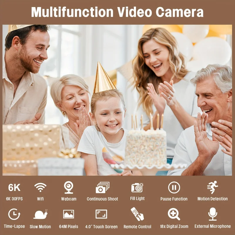 كاميرا فائق 6K، حزام 18 تكبير، شاشة تحكم بالأشعة تحت الحمراء الليلية، شاشة تحكم 4.0، واي فاي، ميكروفون، بطاقة 64 جيجابايت، جهاز تحكم عن بعد و c
