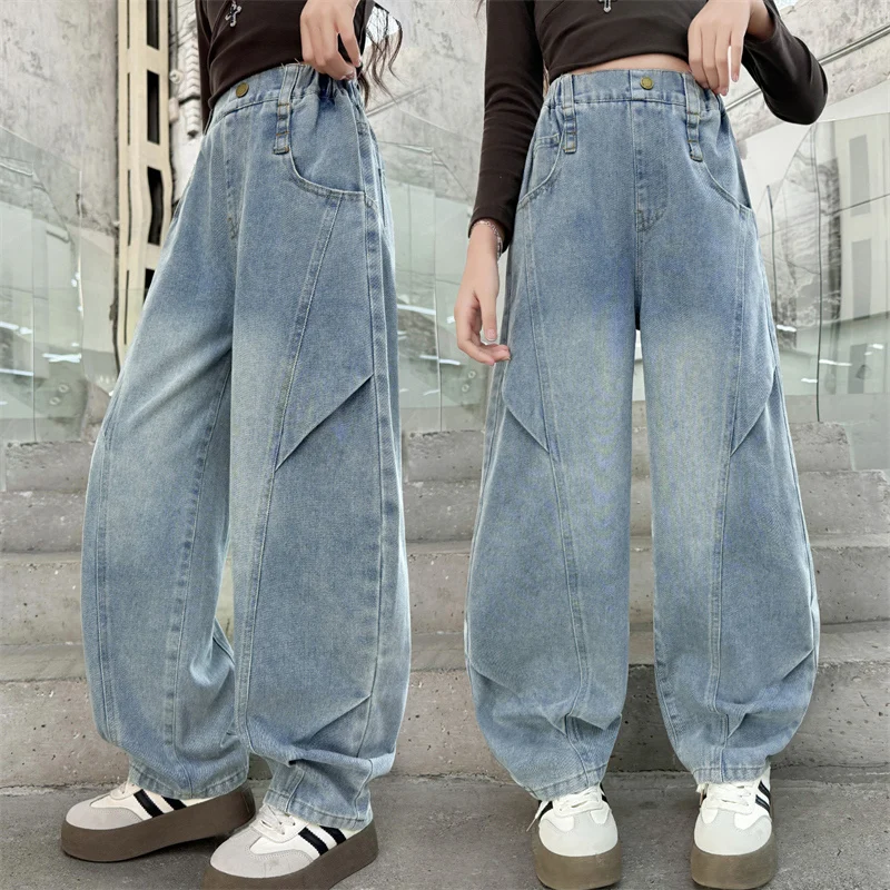 

Fashion Style Children Curved Jeans with Pleats Design For Girls Elegant Loose Straight Denim Pants Teenage Kids Casual Trousers