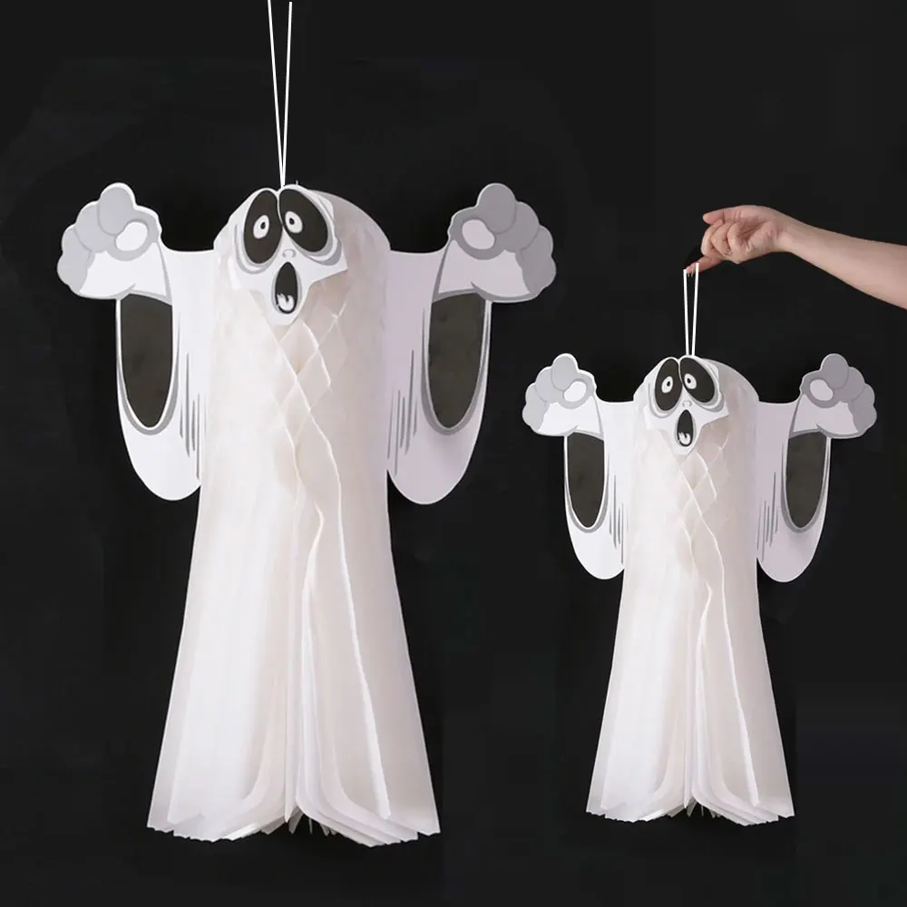 2Pcs Halloween Decorations White Horror Ghost Honeycomb Paper Lantern Ghost Hanging Ornaments for Halloween Party Outdoor Decor