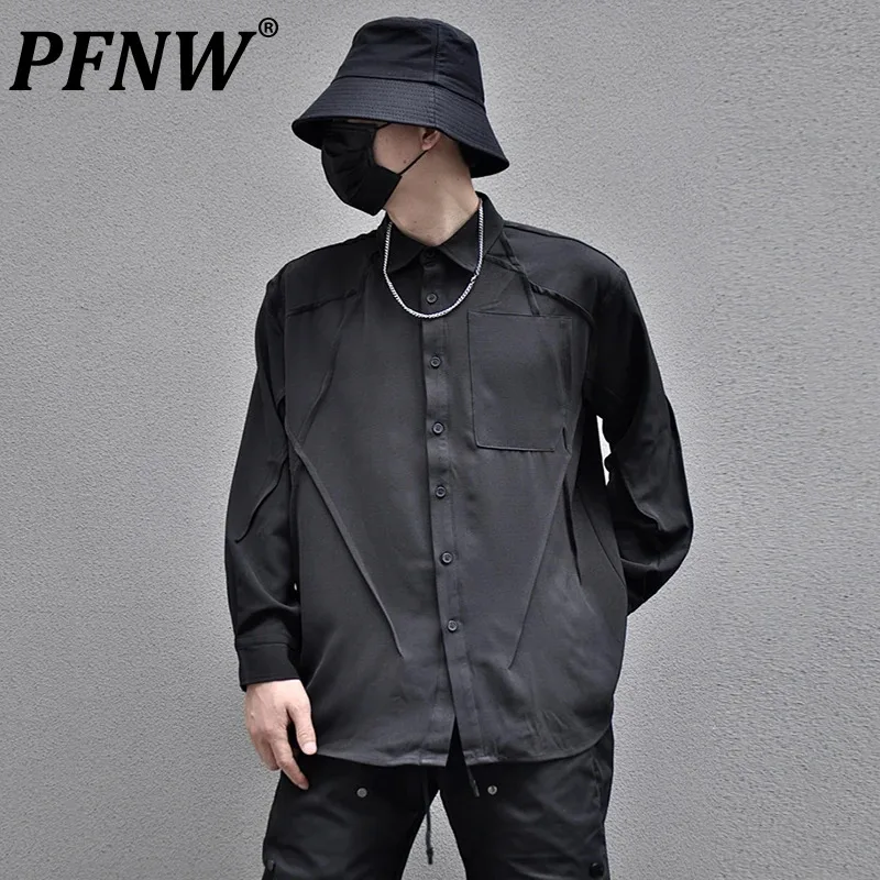 

PFNW Dark Style Men's Shirts Pleated Pockets Droop Single Breasted Turn-down Collar Long Sleeve Male Tops Solid Color 12C685