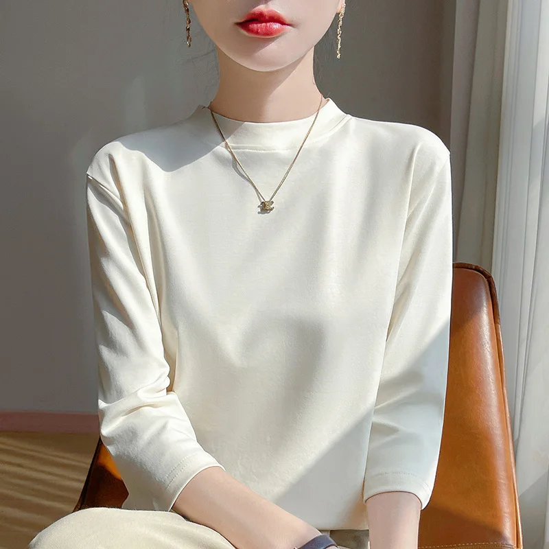 Summer and Autumn New 100% Cotton T-shirt Women's Semi-High-Necked Cropped Sleeves Loose Solid Color Bottoming Top