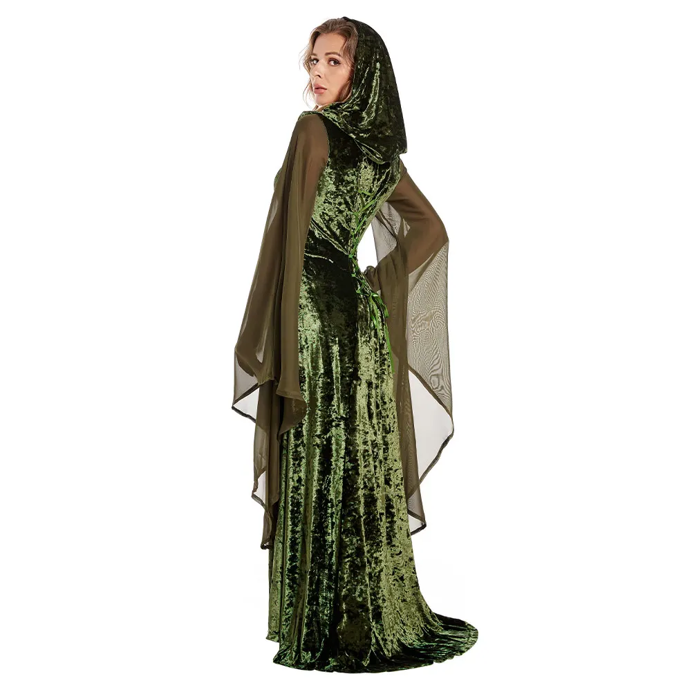 Retro Witch Cosplay Women Medieval Drawstring Dress Lace-up Hooded Cloak Robe Costume Outfits Halloween Carnival Party Suit