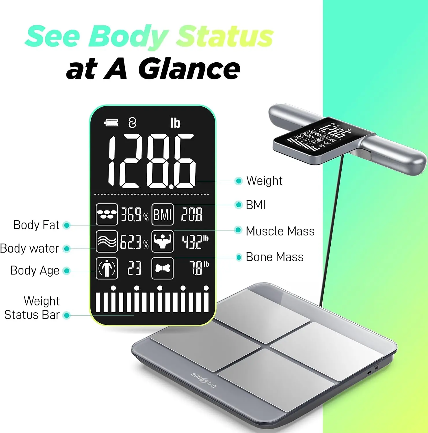 Electrode Scale Body Composition Weight Analyzer BMI Fat Muscle Mass Metrics Rechargeable Handle Screen
