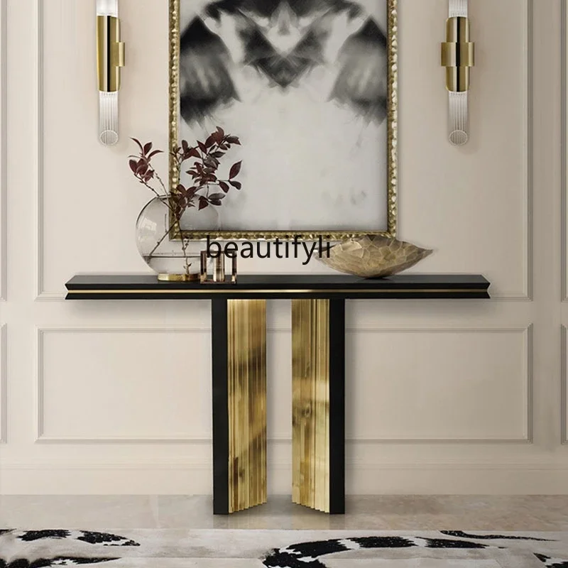 

Italian light luxury foyer creative end view table simple stainless steel living room aisle decoration Xuanguan platform