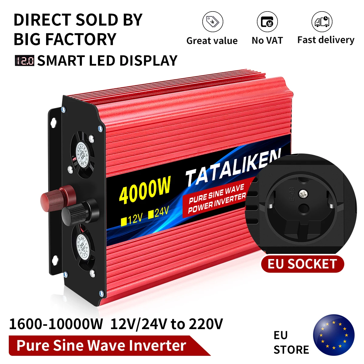 TATALIKEN 4000W 12V Inverter onda sinusoidale pura a 230V 240V 50HZ convertitore per auto Inverter di potenza con prese ue per camper, camion