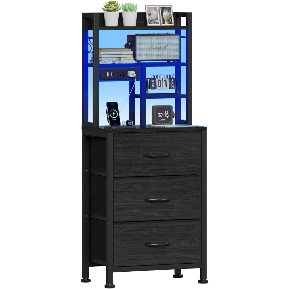 

Tall Night Stand with 3 Fabric Drawers and LED Lights, Nightstand with Bookshelf, 45.3inch Tall Bedside Tables with USB Ports i