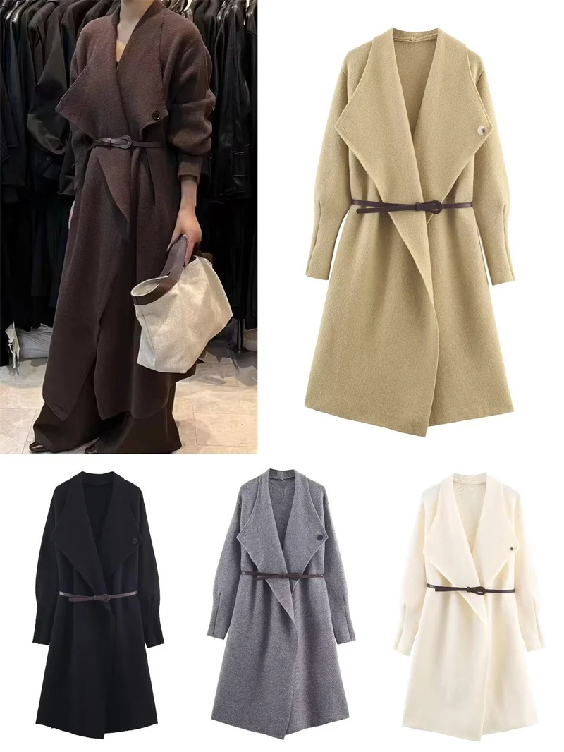 

Осень/зима 2021, новое модное элегантное, простое и свежее повседневное вязаное пальто с кожаным ремнем