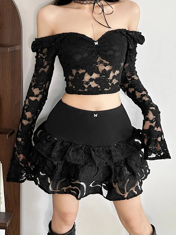 

Sexy Sheer Black Lace Two Piece Set Women 2026 Autumn Winter Fashion Flare Sleeve Cropped Blouses and Mini Tiered Skirts Outfits